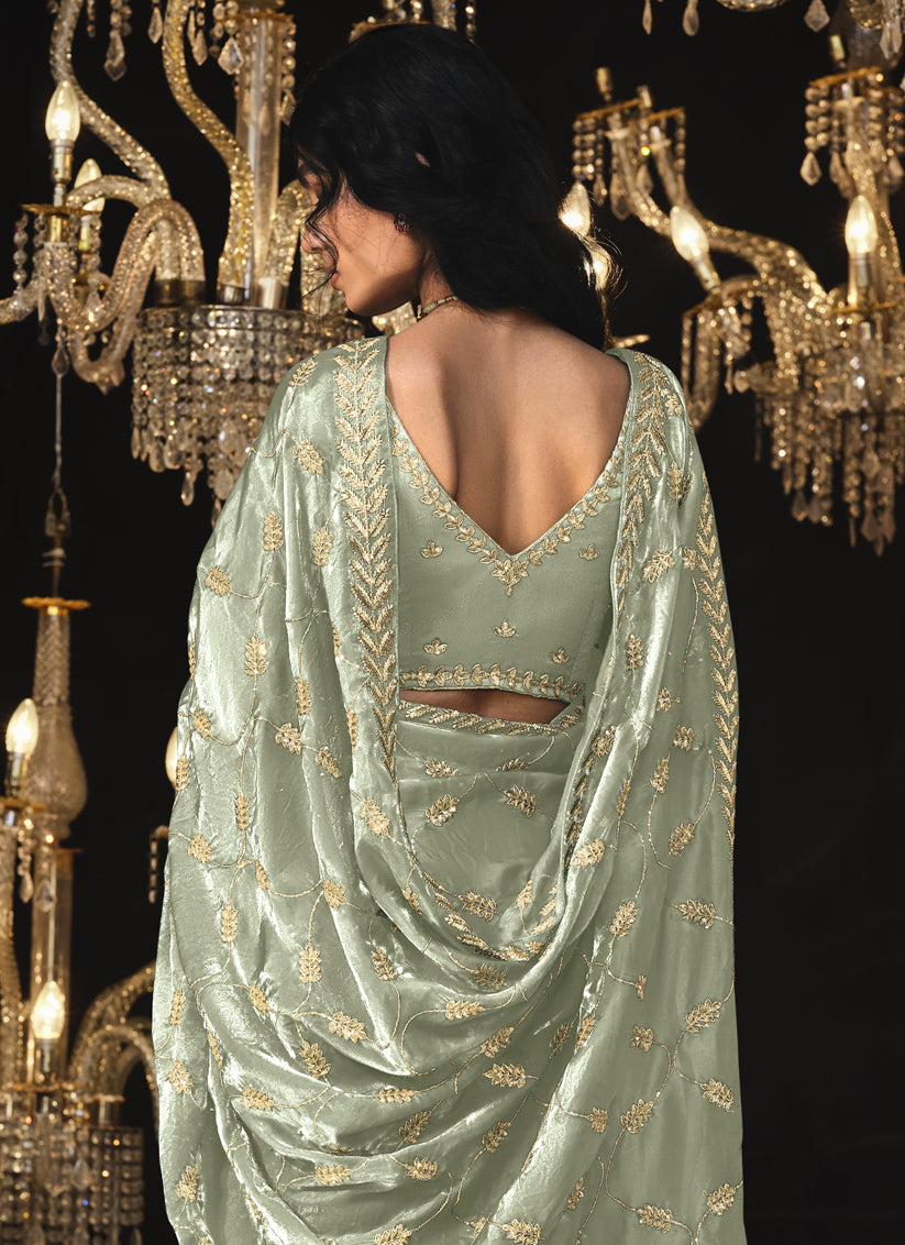 Grey Tissue Silk Embroidered Designer Saree