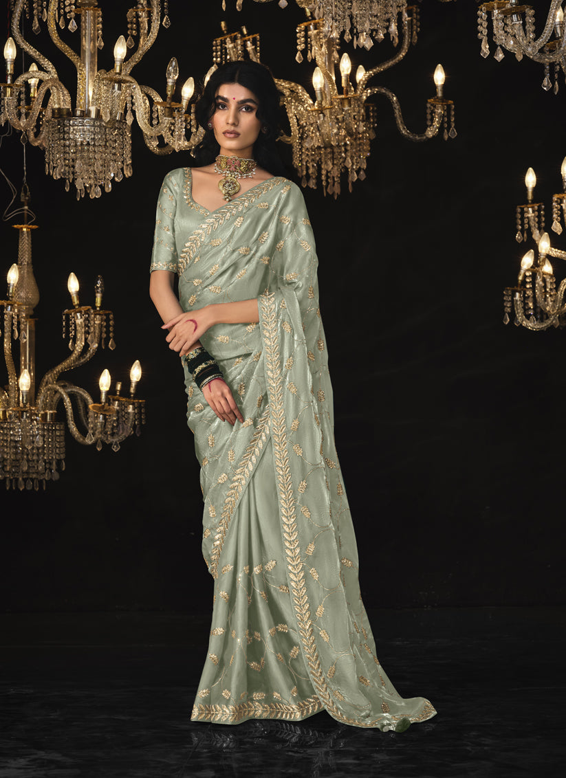 Grey Tissue Silk Embroidered Designer Saree