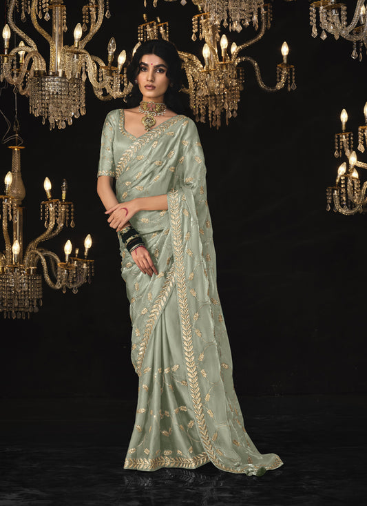 Grey Tissue Silk Embroidered Designer Saree