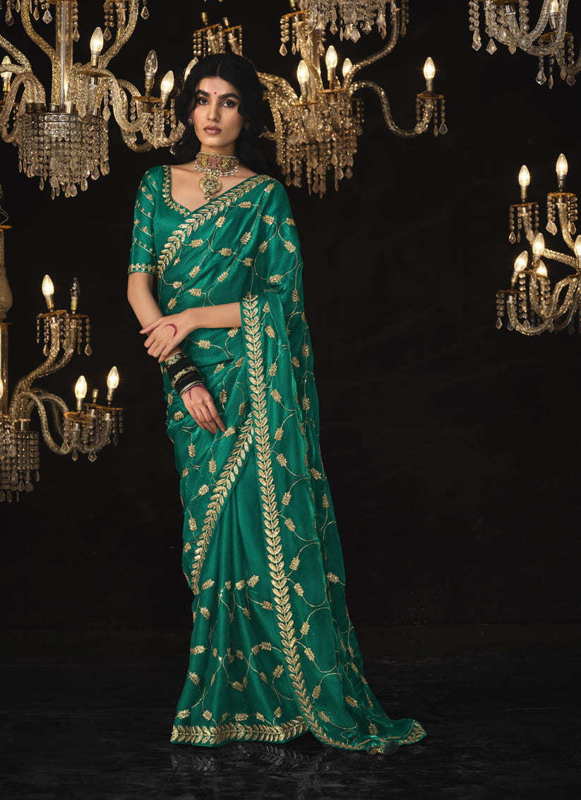 Rama Green Tissue Silk Embroidered Designer Saree