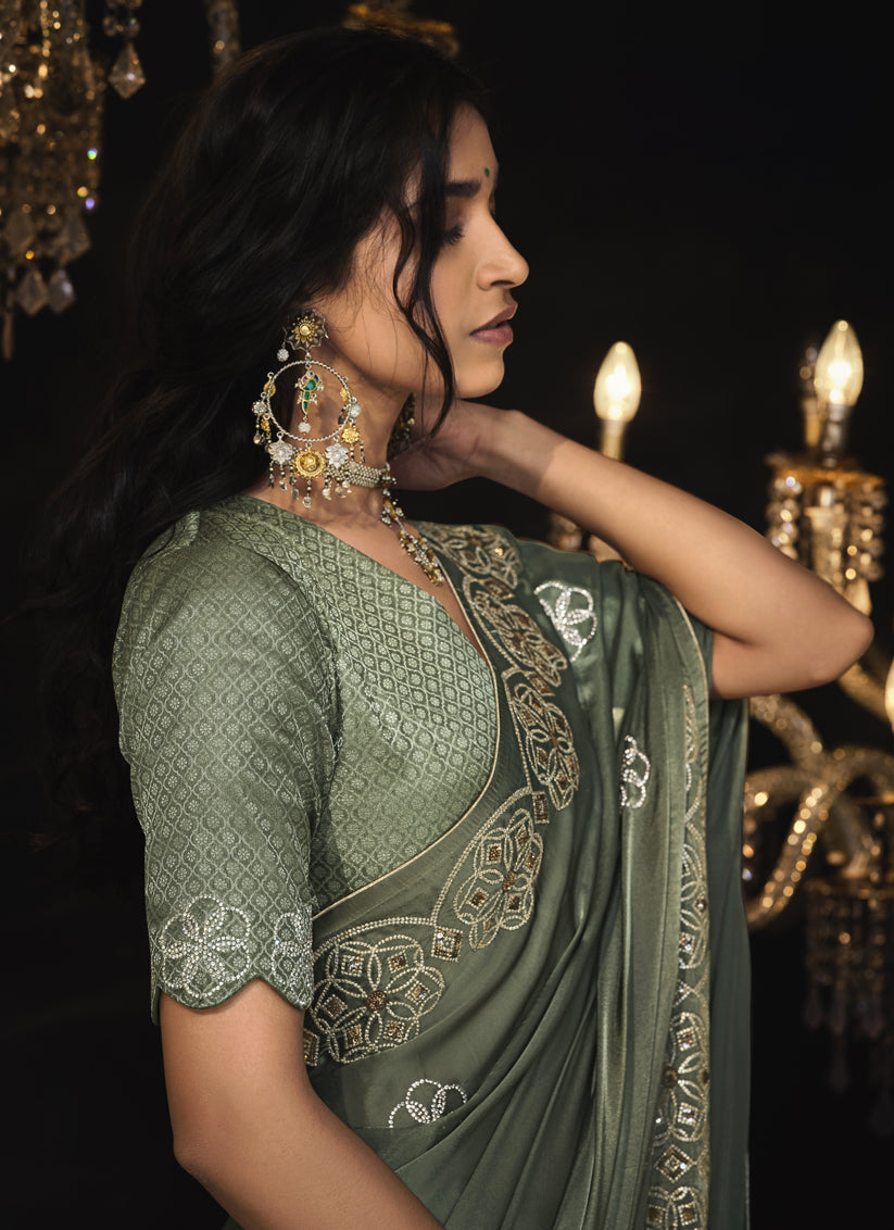 Moss Grey Embroidered Designer Saree