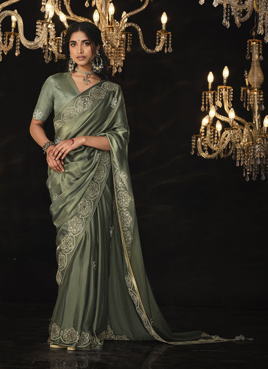 Moss Grey Embroidered Designer Saree