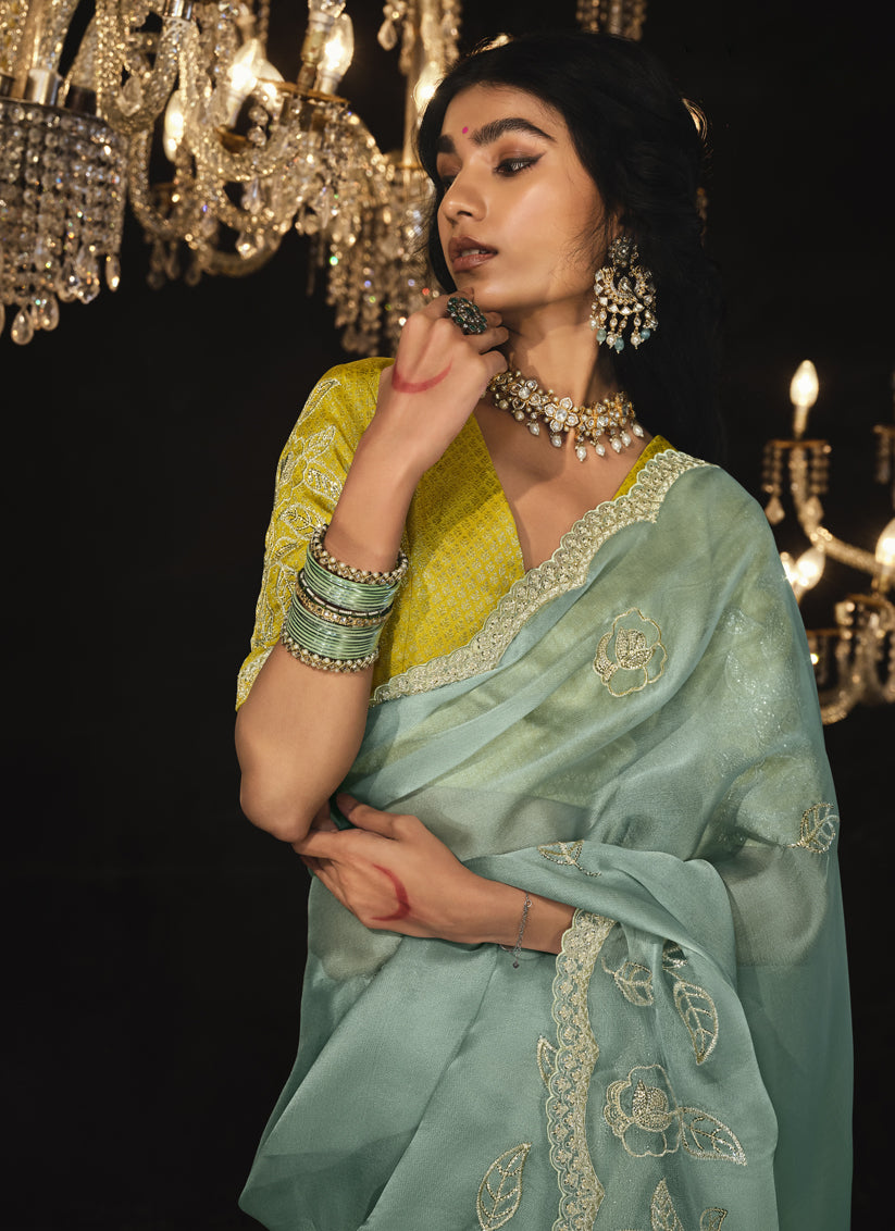 Mint Blue Embroidered Designer Saree