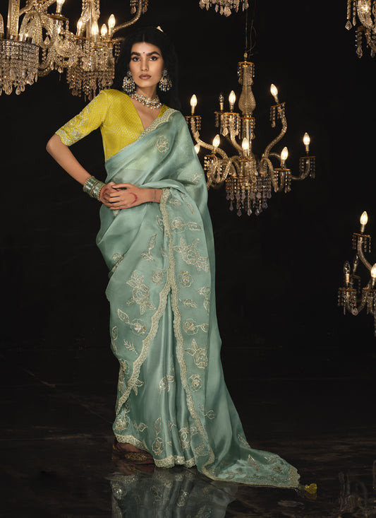 Mint Blue Embroidered Designer Saree