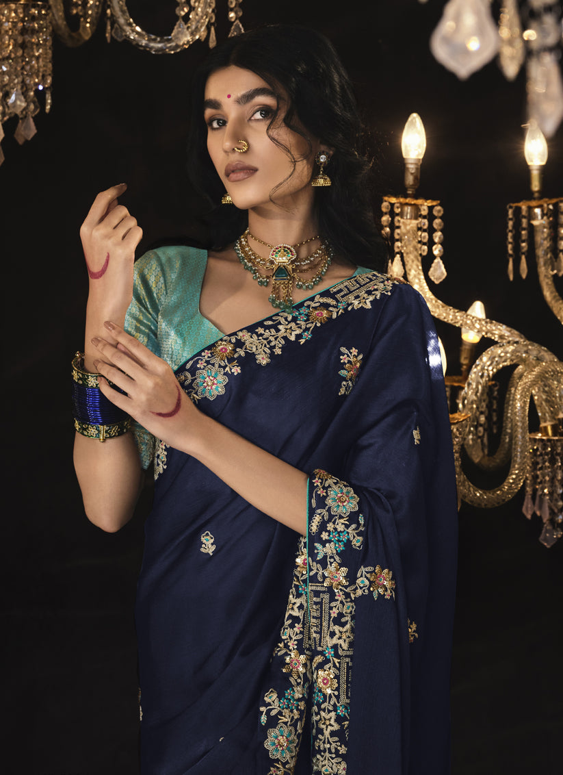 Midnight Blue Embroidered Designer Saree