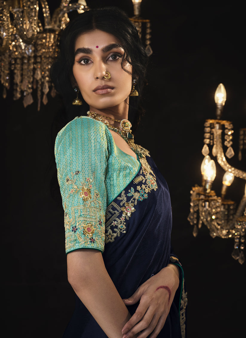 Midnight Blue Embroidered Designer Saree