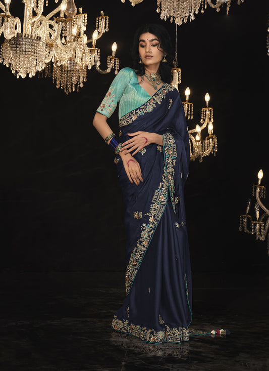 Midnight Blue Embroidered Designer Saree