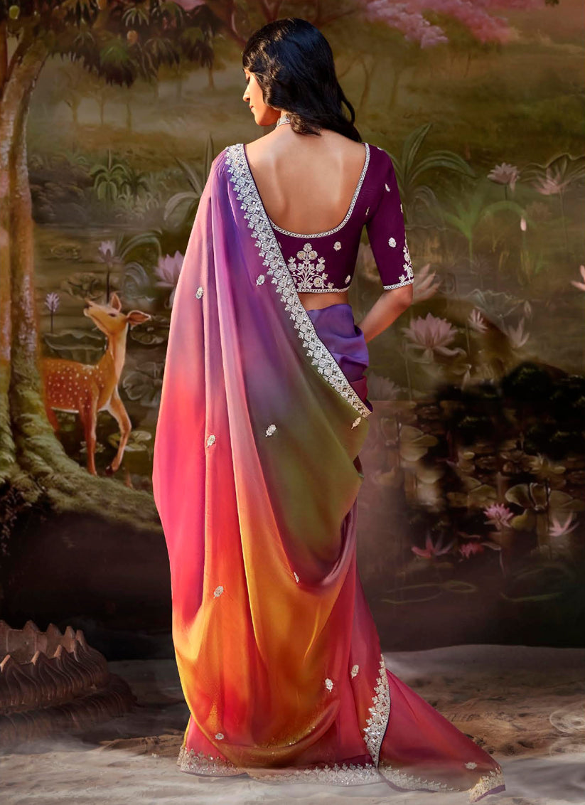 Multicolor Organza Chiffon Embroidered Designer Wedding Saree