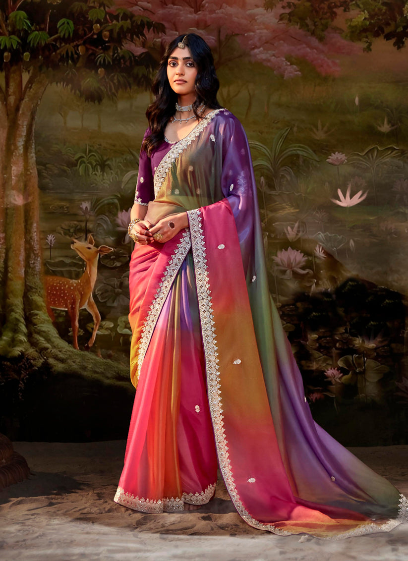 Multicolor Organza Chiffon Embroidered Designer Wedding Saree