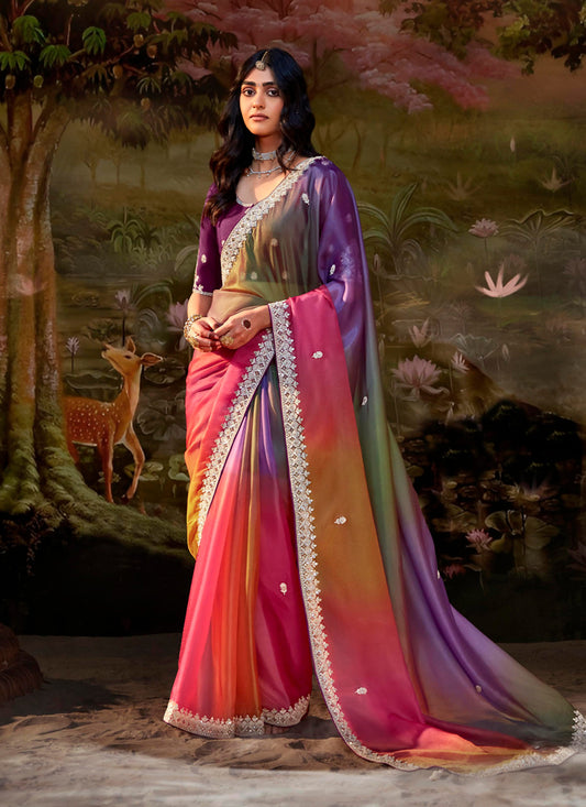 Multicolor Organza Chiffon Embroidered Designer Wedding Saree