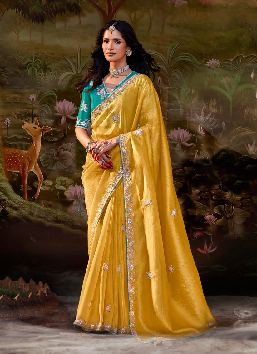 Lemon Yellow Organza Chiffon Embroidered Designer Wedding Saree