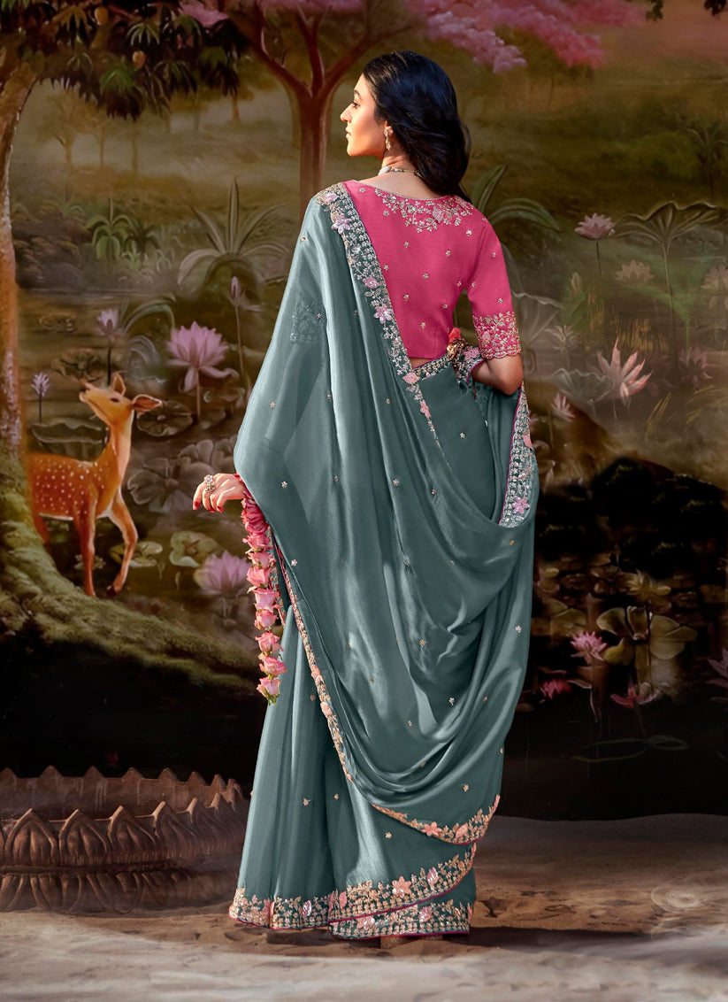 Teal Grey Organza Chiffon Embroidered Designer Wedding Saree