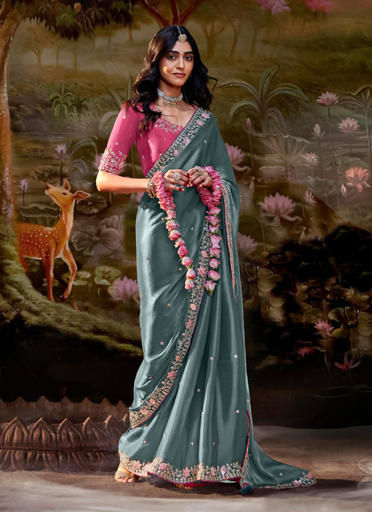 Teal Grey Organza Chiffon Embroidered Designer Wedding Saree