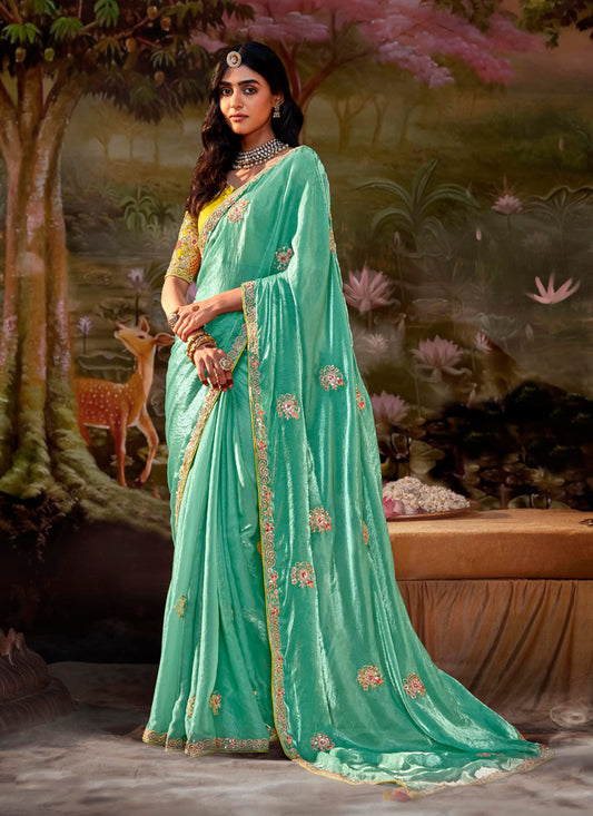 Aquamarine Organza Chiffon Embroidered Designer Wedding Saree