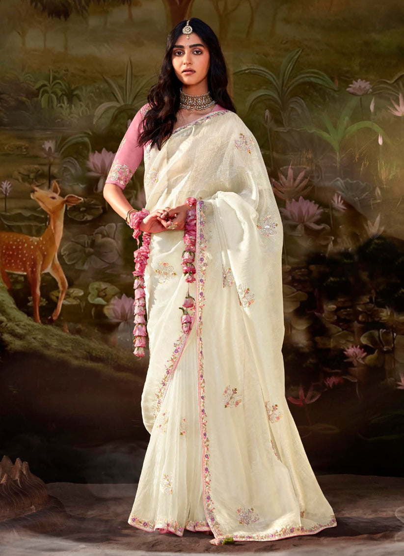 Pearl White Organza Chiffon Embroidered Designer Wedding Saree