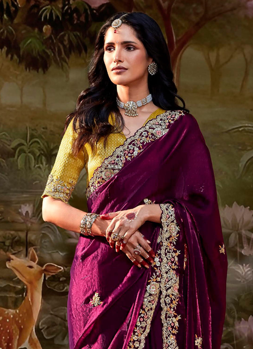 Wine Organza Chiffon Embroidered Designer Wedding Saree