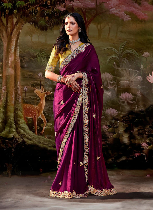 Wine Organza Chiffon Embroidered Designer Wedding Saree