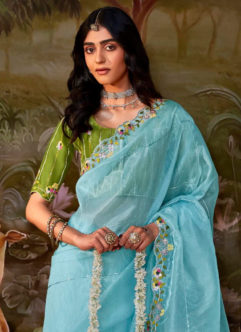 Sky Blue Organza Chiffon Embroidered Designer Wedding Saree