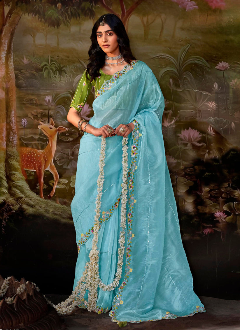 Sky Blue Organza Chiffon Embroidered Designer Wedding Saree