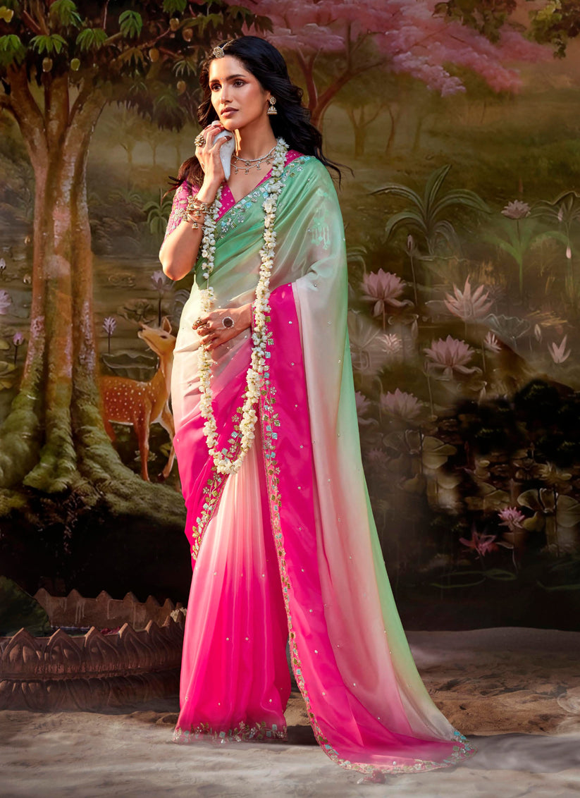 Multicolor Organza Chiffon Embroidered Designer Wedding Saree