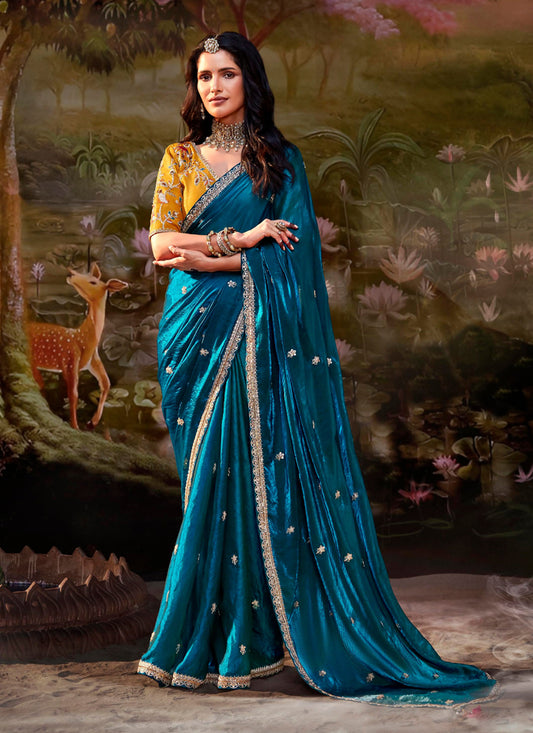 Peacock Blue Organza Chiffon Embroidered Designer Wedding Saree