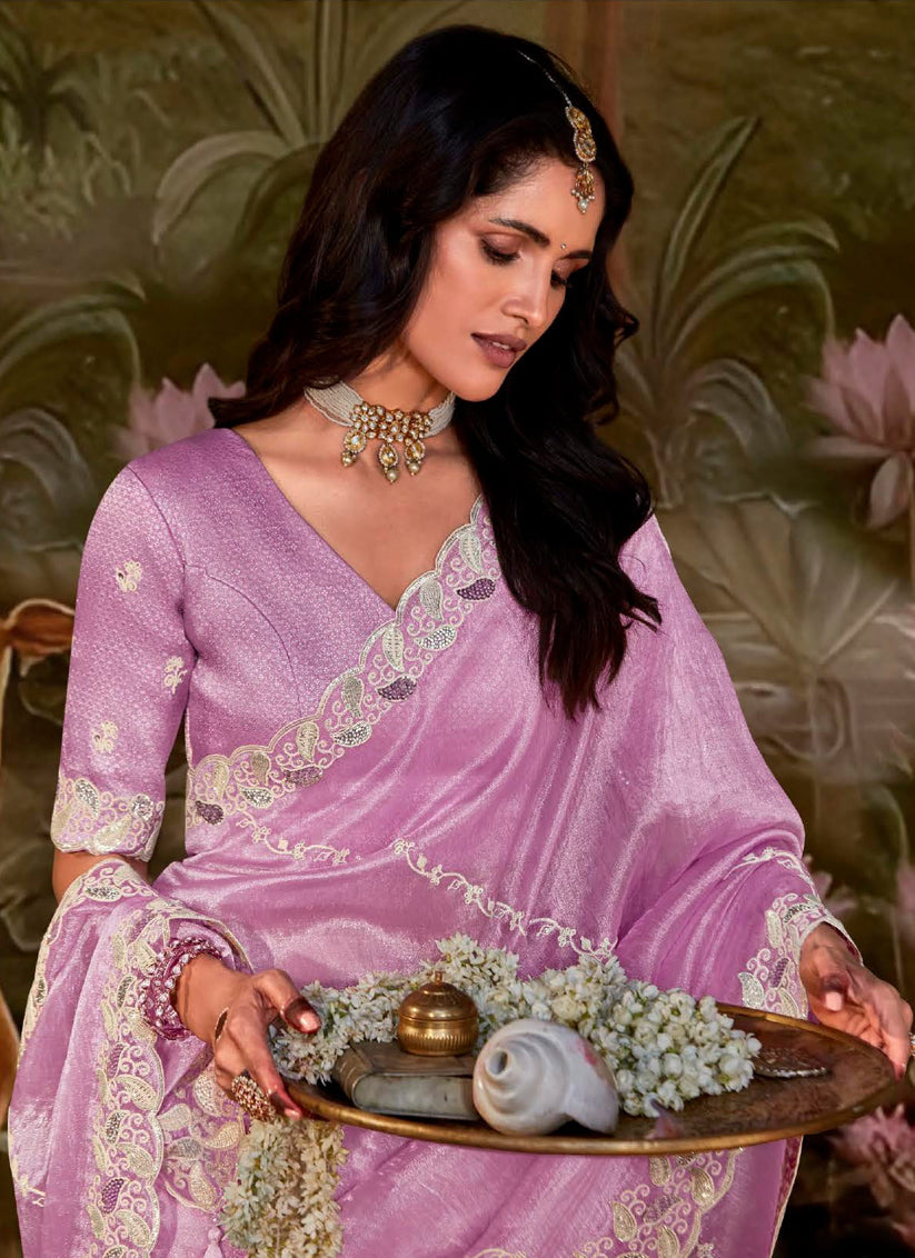 Lilac Pink Organza Chiffon Embroidered Designer Wedding Saree