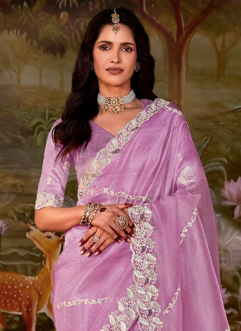 Lilac Pink Organza Chiffon Embroidered Designer Wedding Saree