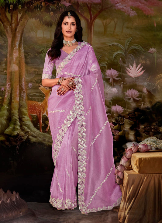 Lilac Pink Organza Chiffon Embroidered Designer Wedding Saree