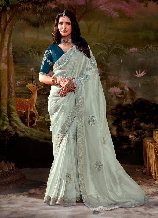 Ice Grey Organza Chiffon Embroidered Designer Wedding Saree