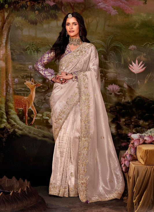 Blush Pink Organza Chiffon Embroidered Designer Wedding Saree