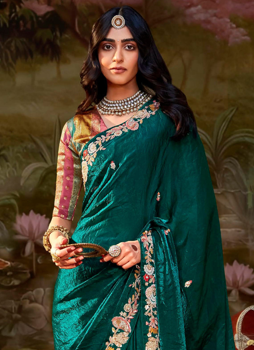 Peacock Green Organza Chiffon Embroidered Designer Wedding Saree