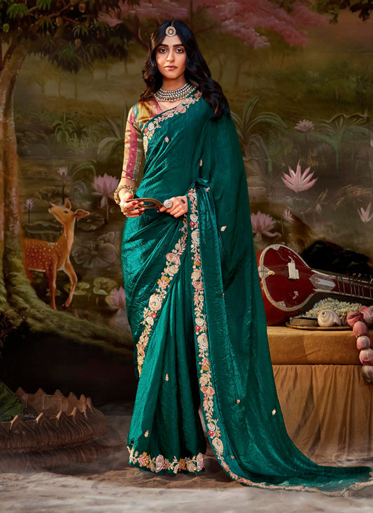 Peacock Green Organza Chiffon Embroidered Designer Wedding Saree