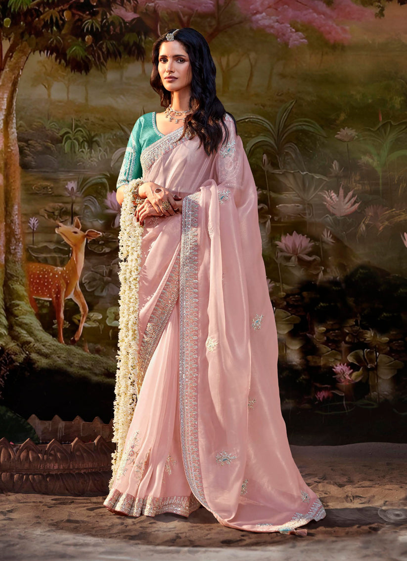 Blush Pink Organza Chiffon Embroidered Designer Wedding Saree