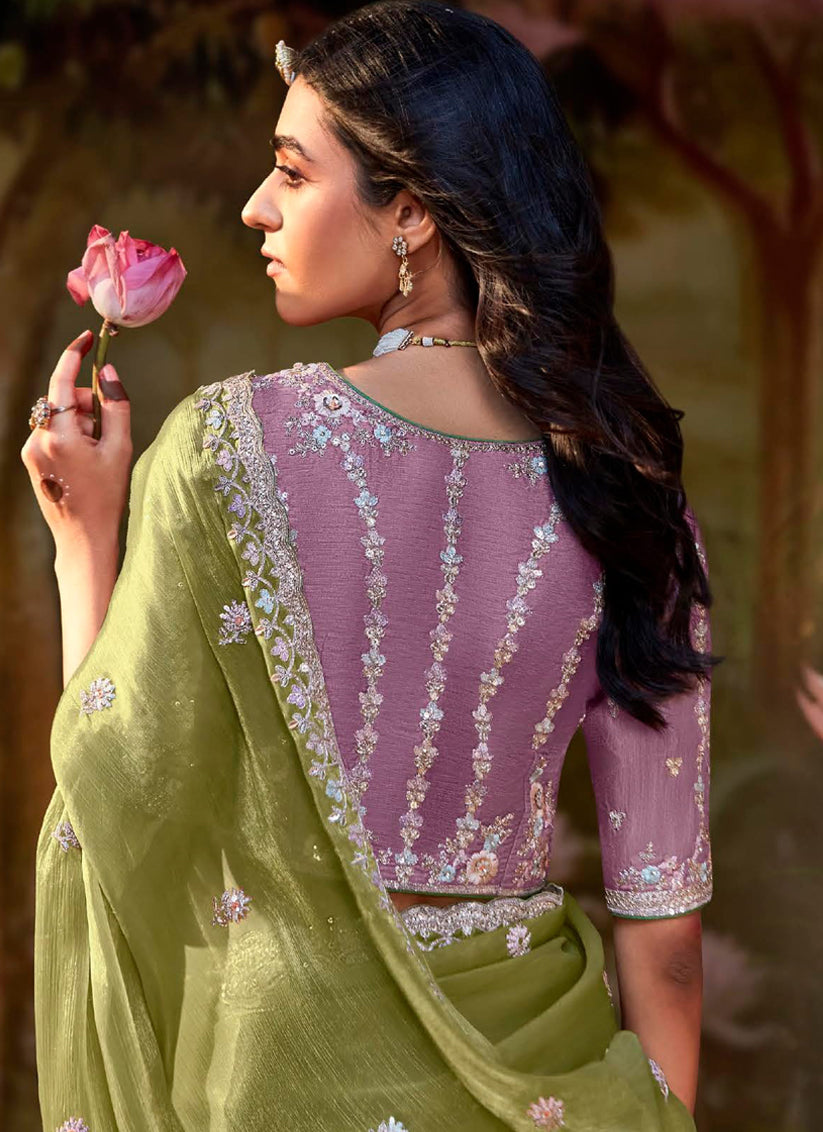 Pistachio Green Organza Chiffon Embroidered Designer Wedding Saree