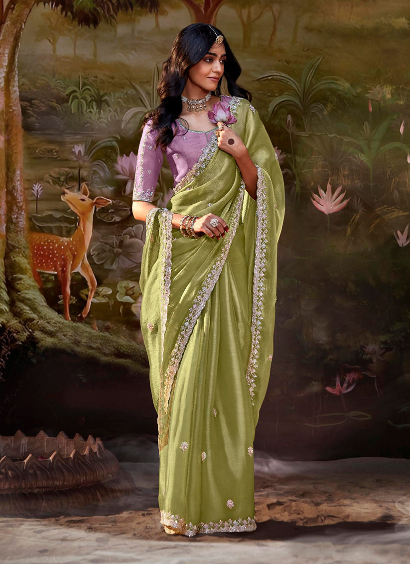 Pistachio Green Organza Chiffon Embroidered Designer Wedding Saree