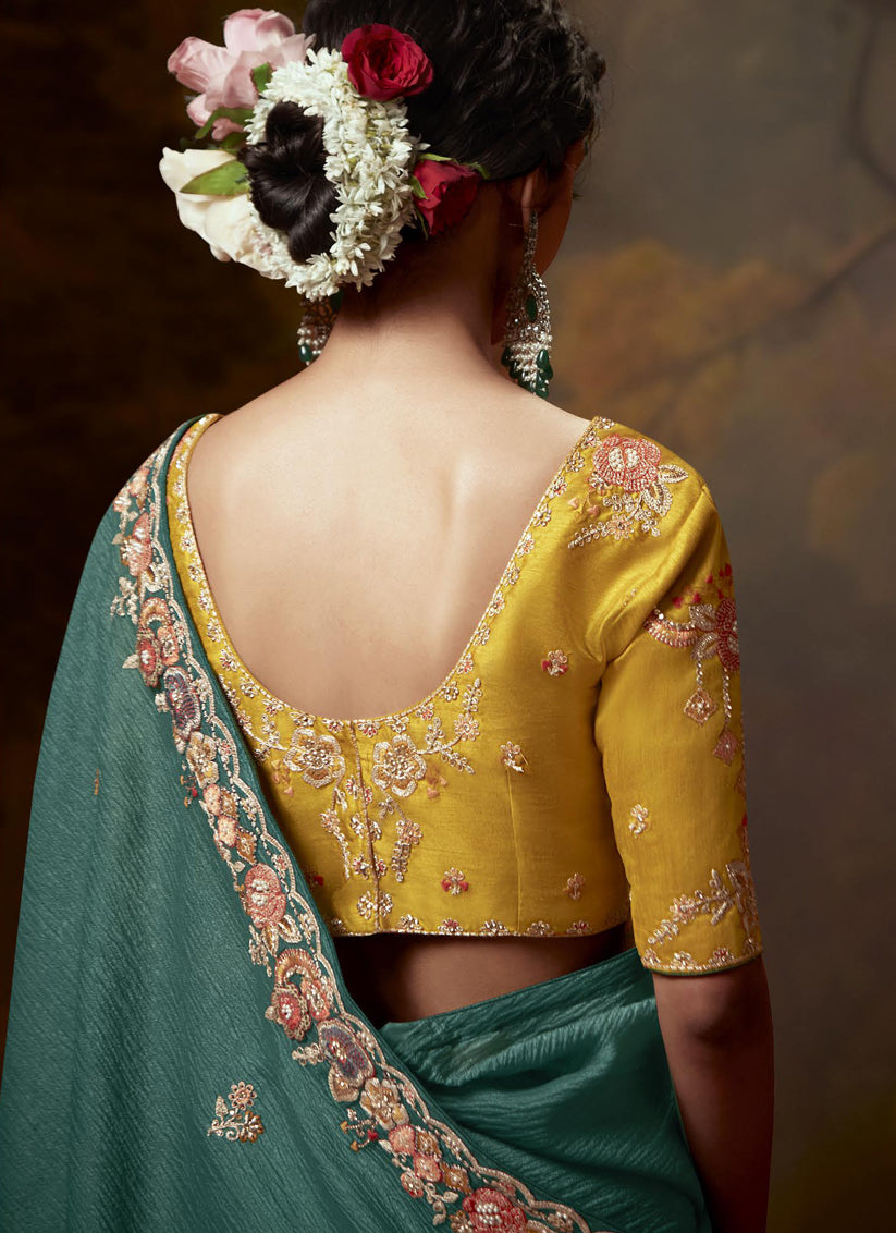 Rama Green Tissue Organza Embroidered Wedding Saree