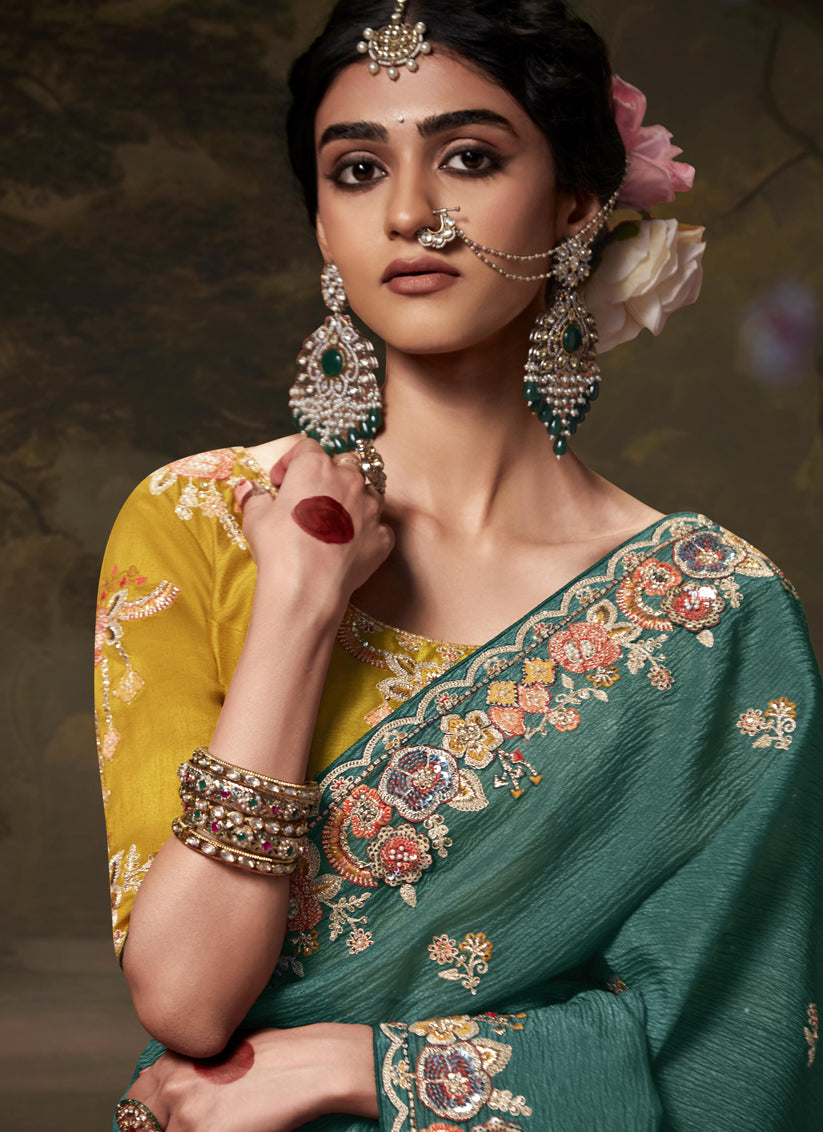 Rama Green Tissue Organza Embroidered Wedding Saree