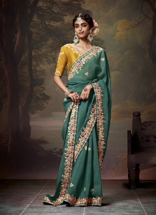 Rama Green Tissue Organza Embroidered Wedding Saree