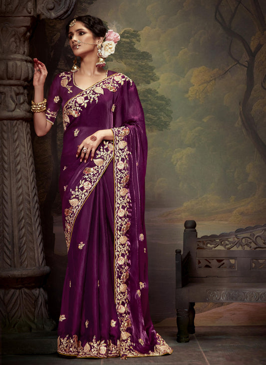 Wine Tissue Organza Embroidered Wedding Saree
