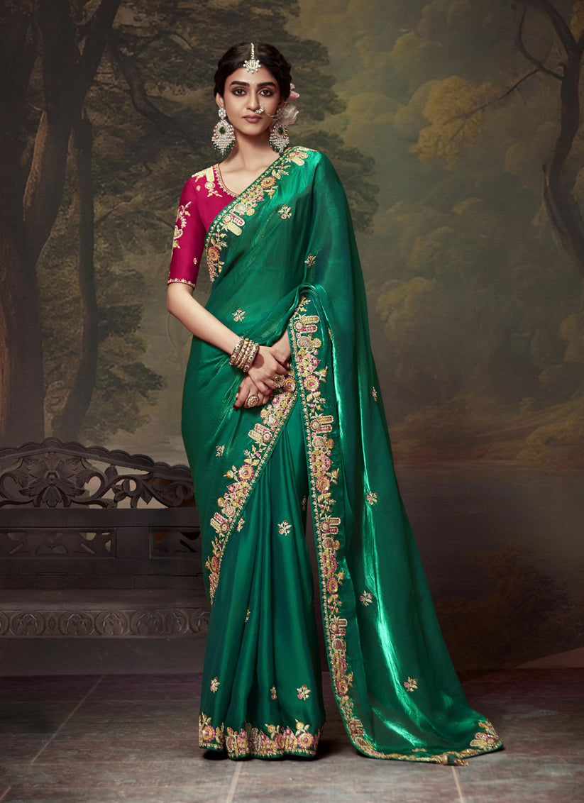 Emerald Green Tissue Organza Embroidered Wedding Saree