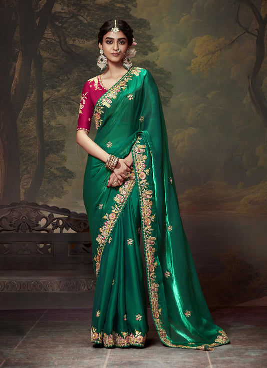 Emerald Green Tissue Organza Embroidered Wedding Saree