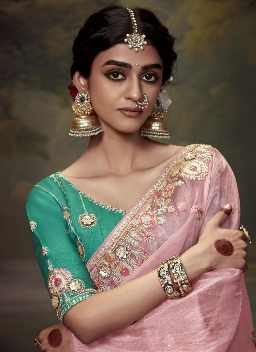 Carnation Pink Tissue Organza Embroidered Wedding Saree