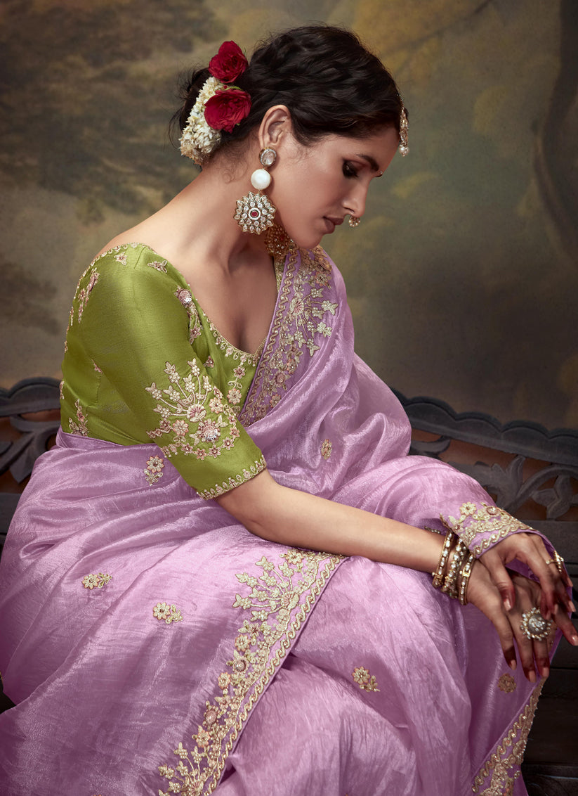 Lilac Pink Tissue Organza Embroidered Wedding Saree