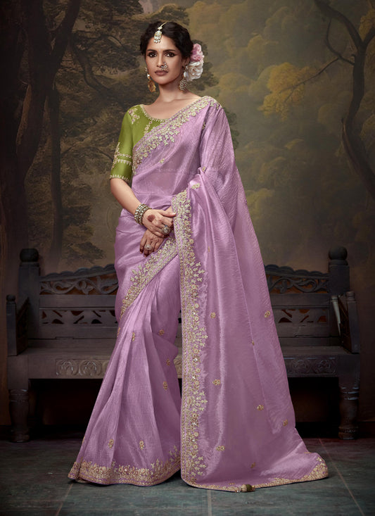 Lilac Pink Tissue Organza Embroidered Wedding Saree