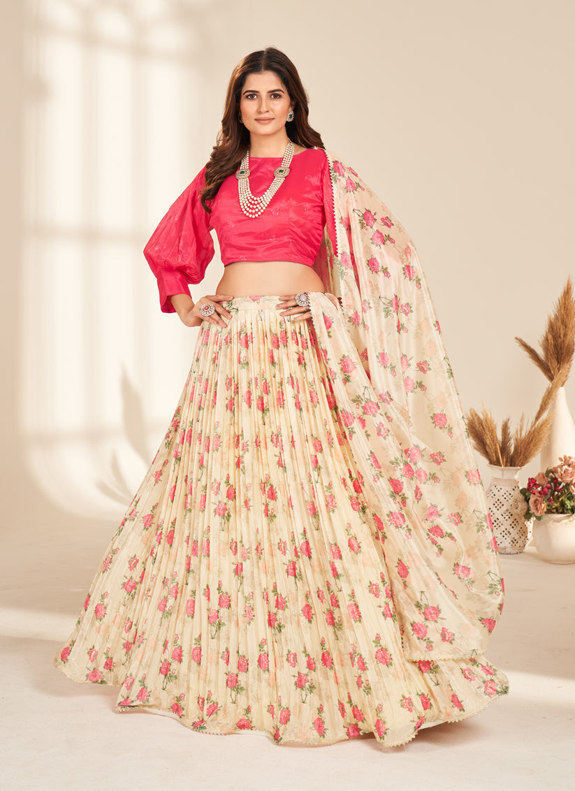 Cream Pure Organza Readymade Lehenga Choli