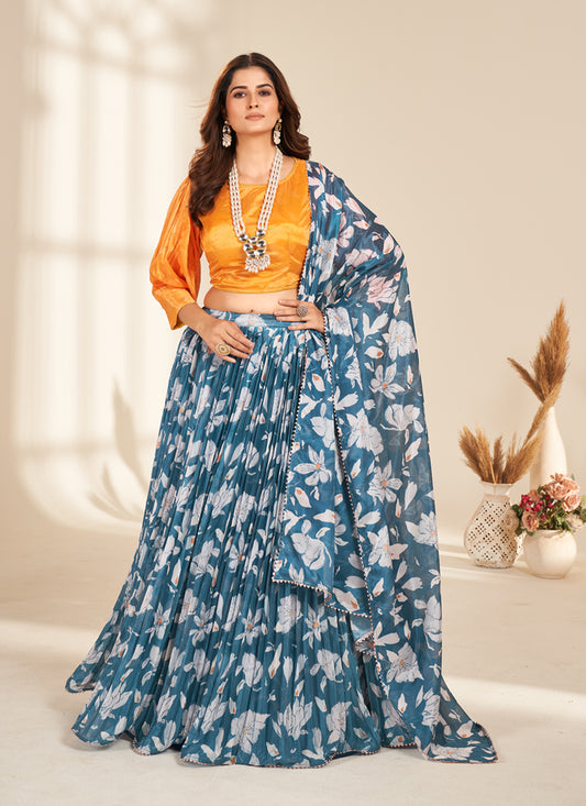 Slate Blue Pure Organza Readymade Lehenga Choli