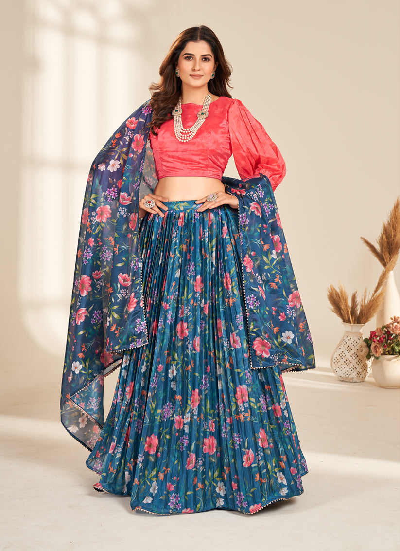 Peacock Blue Pure Organza Readymade Lehenga Choli