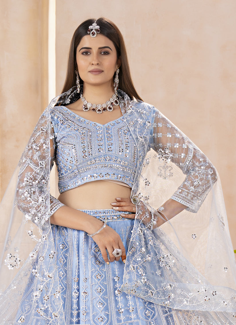 Sky Blue Butterfly Net Bridal Lehenga Choli with Heavy Sequin Work