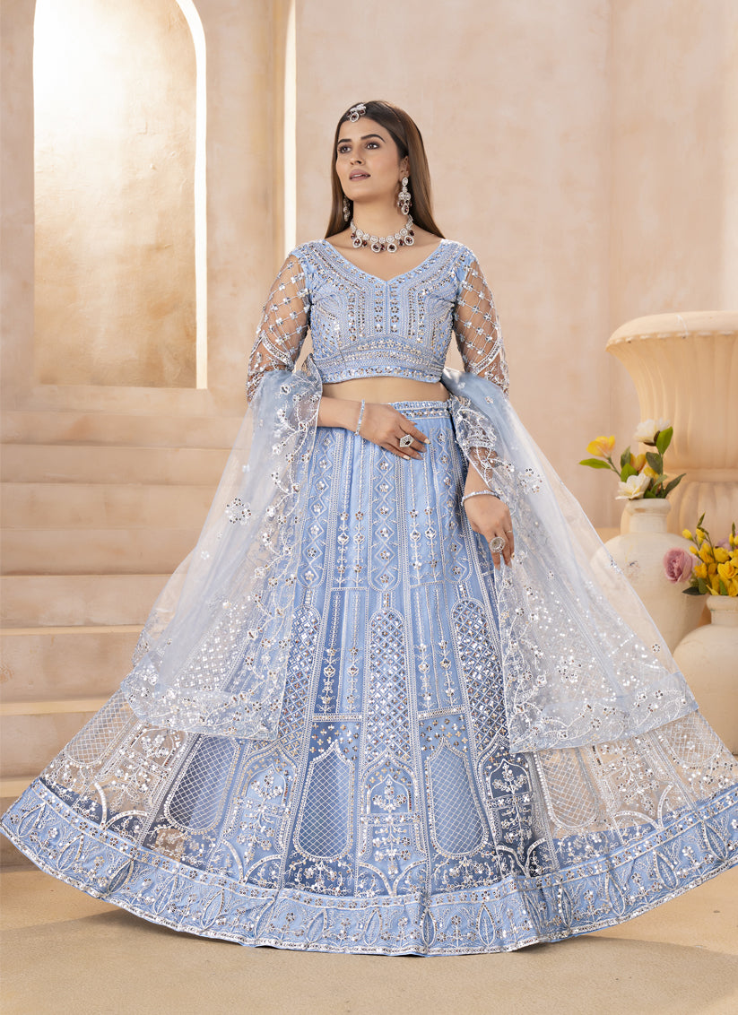 Sky Blue Butterfly Net Bridal Lehenga Choli with Heavy Sequin Work