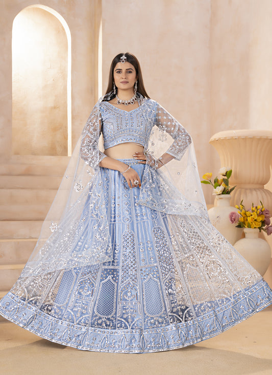 Sky Blue Butterfly Net Bridal Lehenga Choli with Heavy Sequin Work